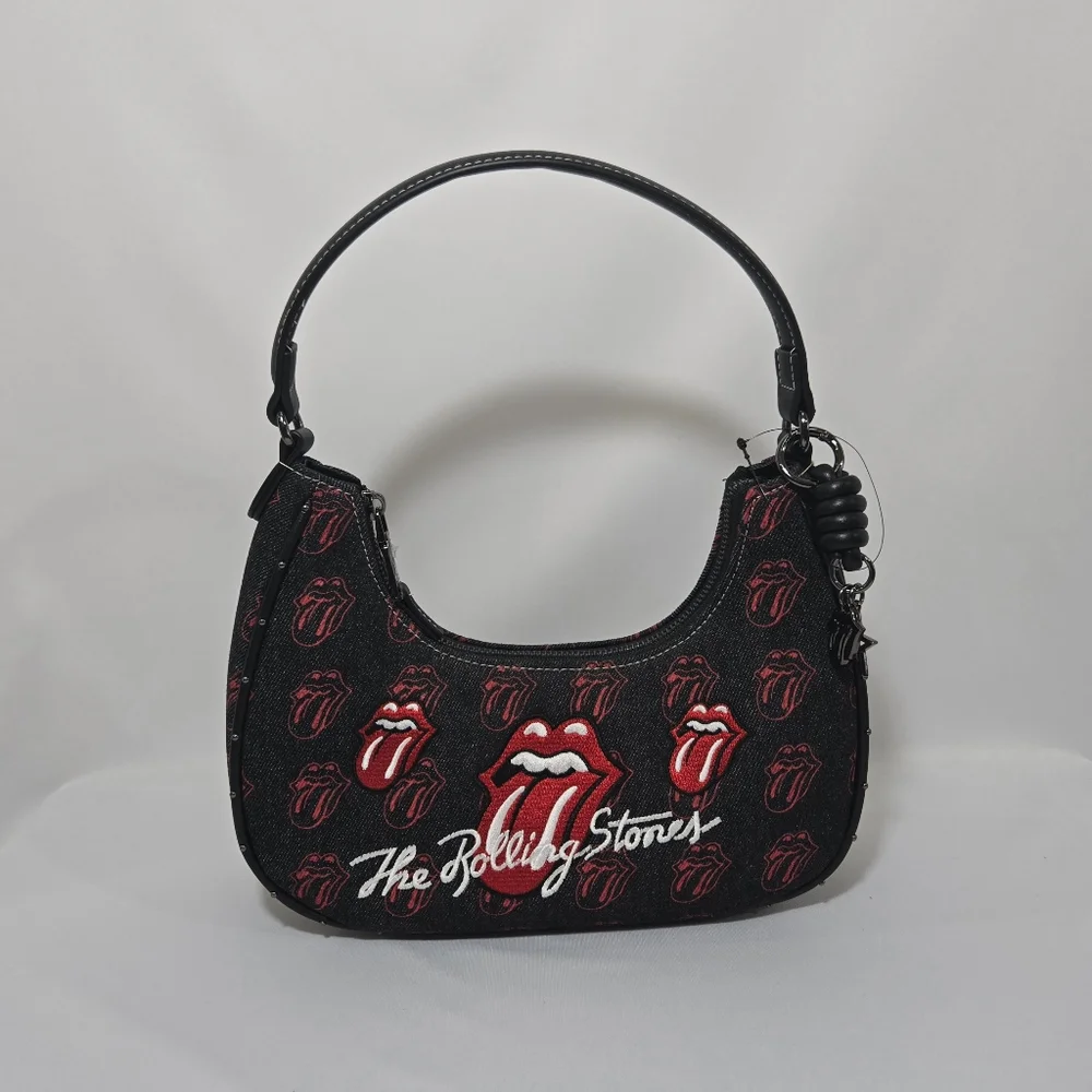 The Rolling Stones All-Over Tongue Logo Black Denim Small Hobo Bag